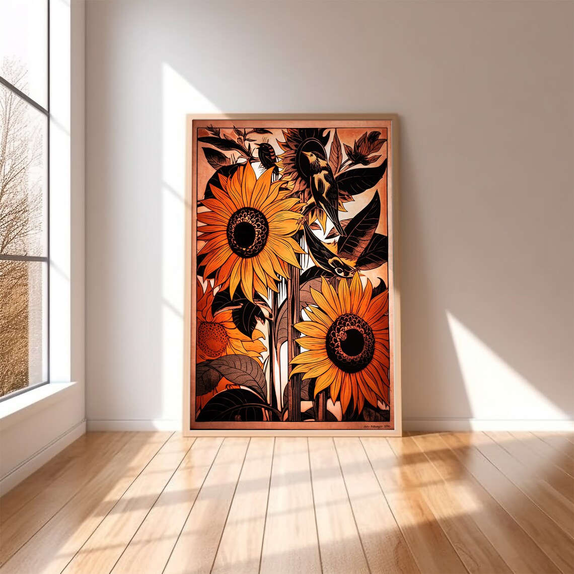 Golden Sunflowers and Birds Linocut-Style Botanical Bohemian Wall Art - Image 2