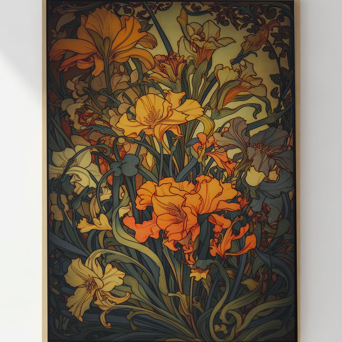 Art Nouveau Glowing Orange Iris Lilies Vintage Botanical Print - Image 3