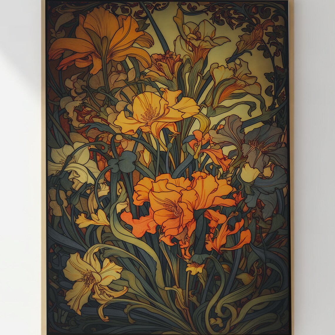 Golden Orange Art Nouveau Florals on Dark Moody Botanical Art Print - Image 2