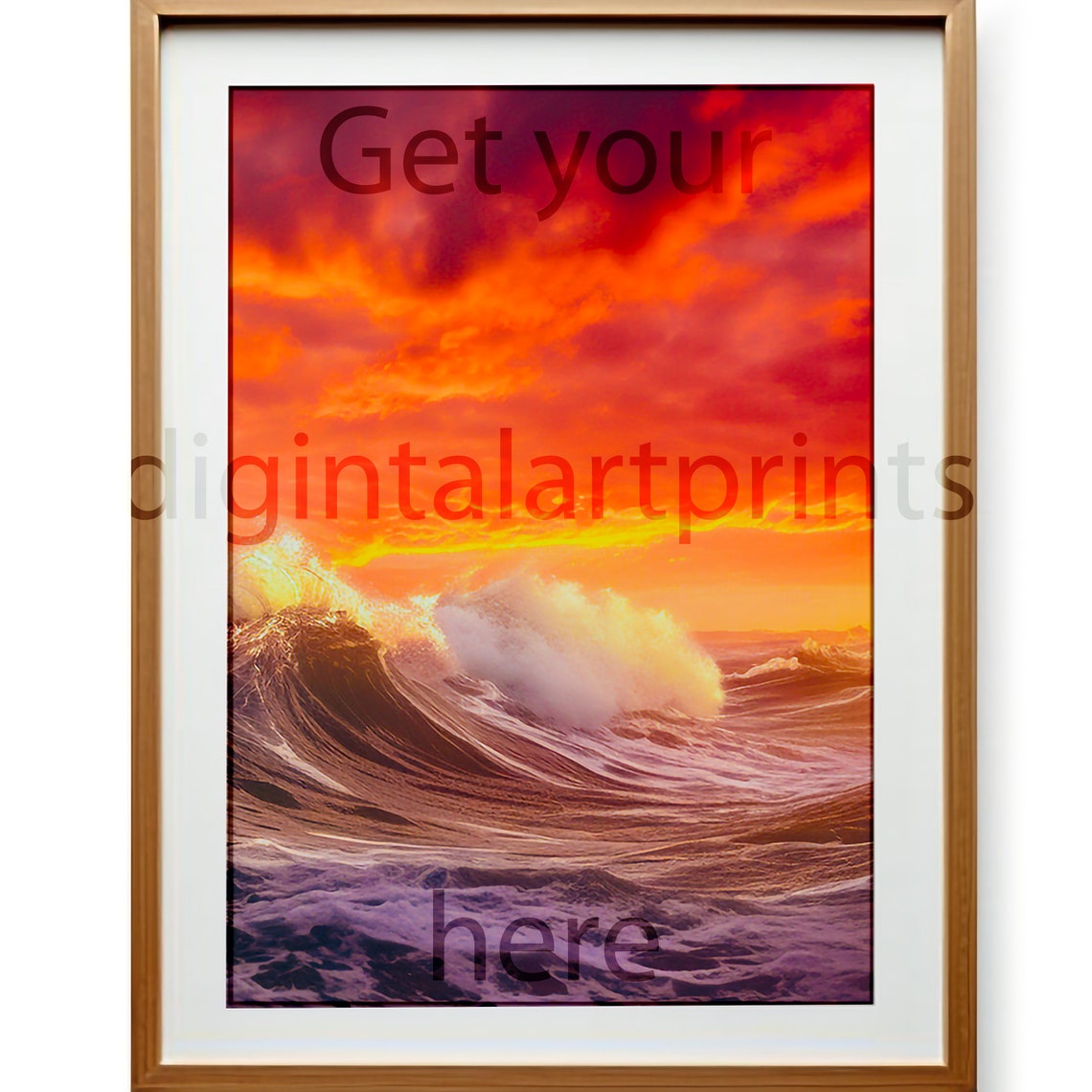 Vivid Fiery Sunset Ocean Wave Colorful Dramatic Seascape Art Print - Image 3