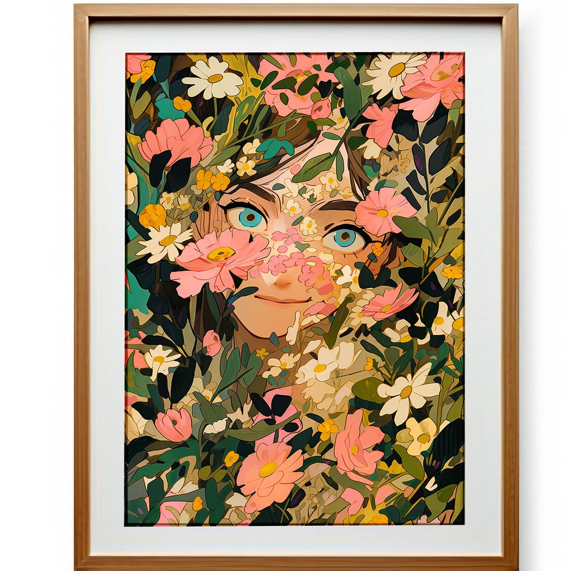 Anime Girl Peeking Through Pink Blossoms and Green Leaves Poster - Image 3