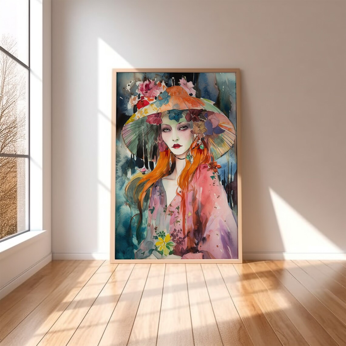 Boho Woman with Floral Hat Watercolor Portrait Aesthetic Wall Art - Image 2