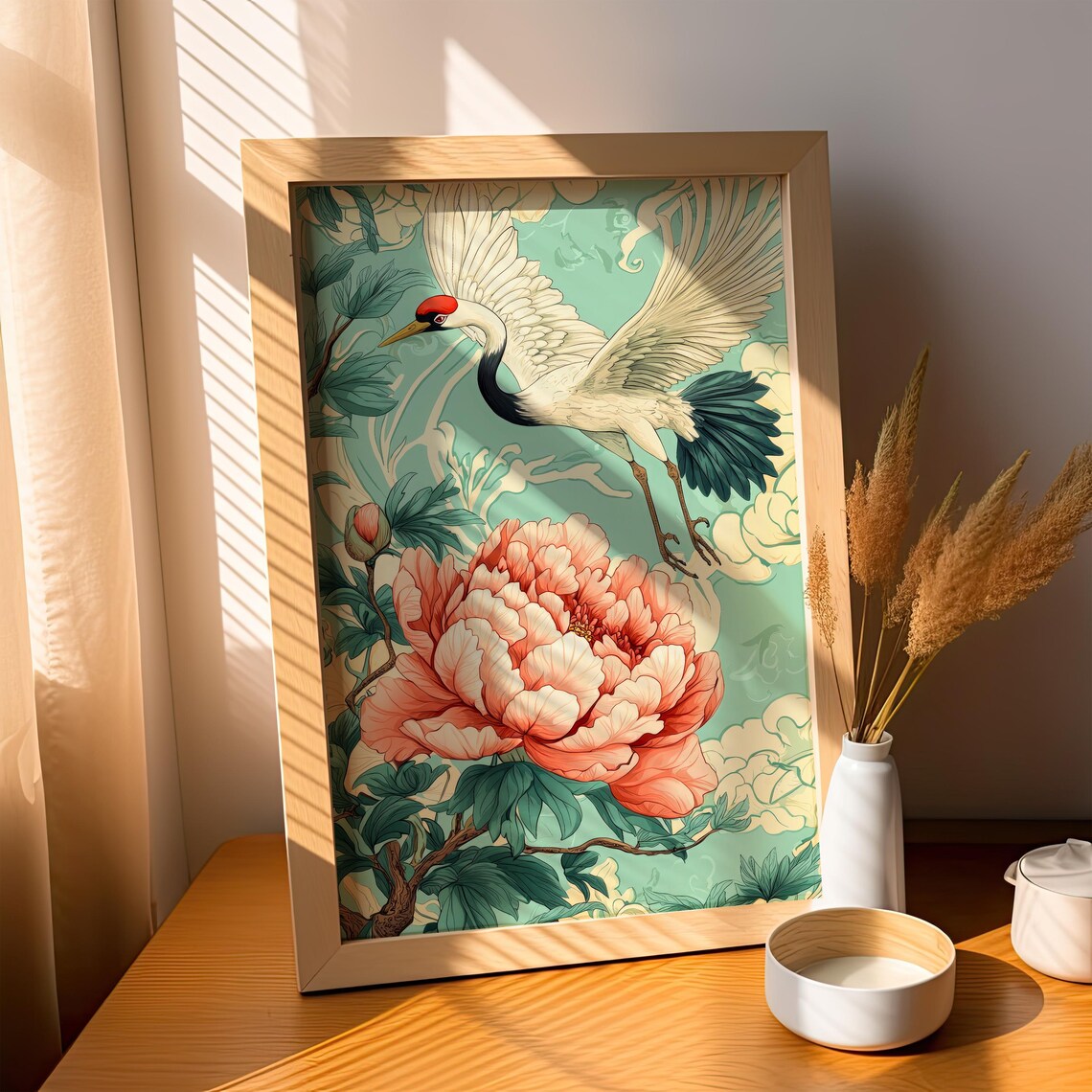 Japanese Crane Peony Flower Asian Style Botanical Art Print Decor - Image 2