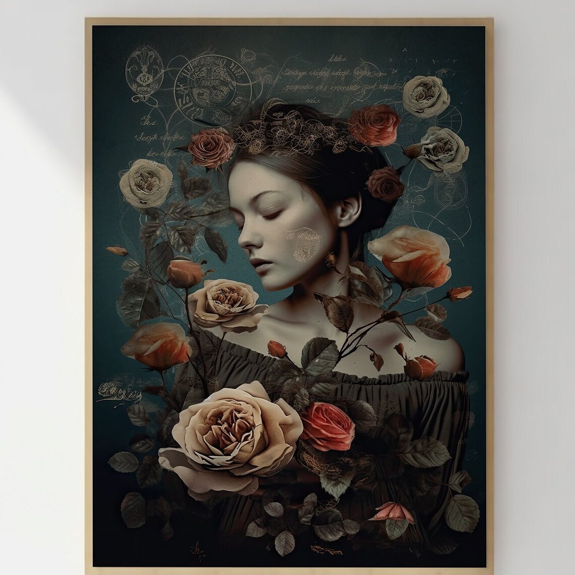 Woman Surrounded by Roses Dark Botanical Portrait Moody Wall Art - Image 3