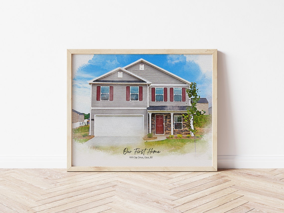 Our First Home Olive NY Lawn View Watercolor House Portrait Poster - Image 2
