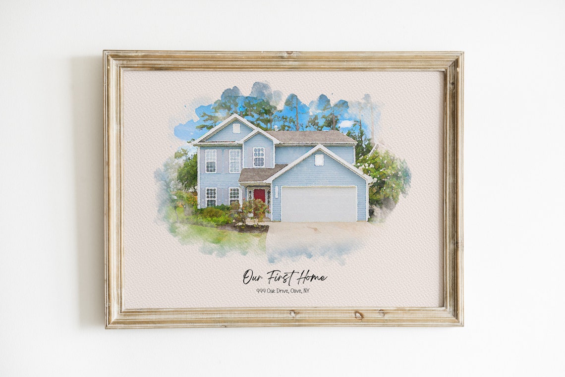 Our First Home Olive NY Pale Wash Sky Watercolor House Portrait Poster - Image 5