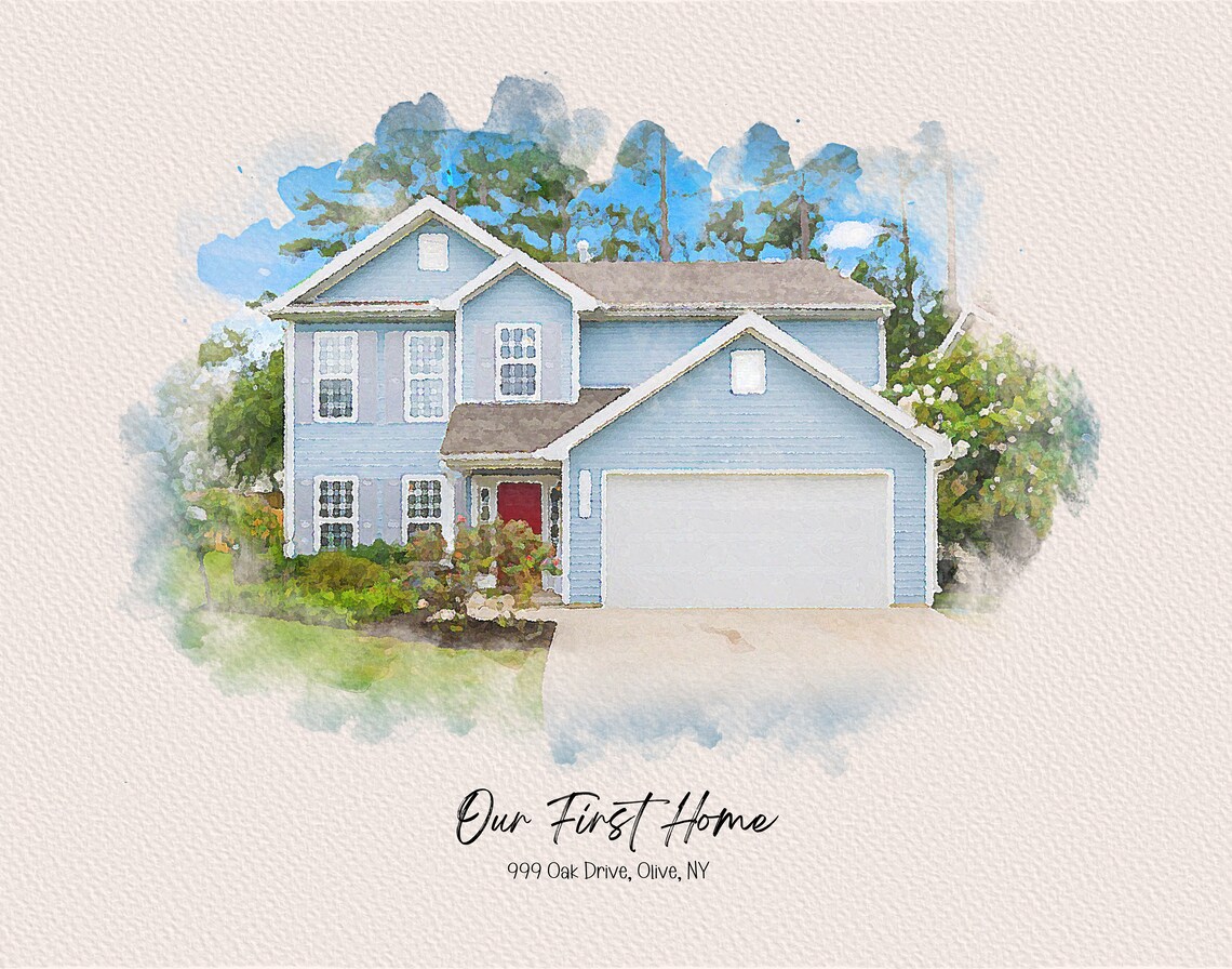 Our First Home Olive NY Pale Wash Sky Watercolor House Portrait Poster - Image 3
