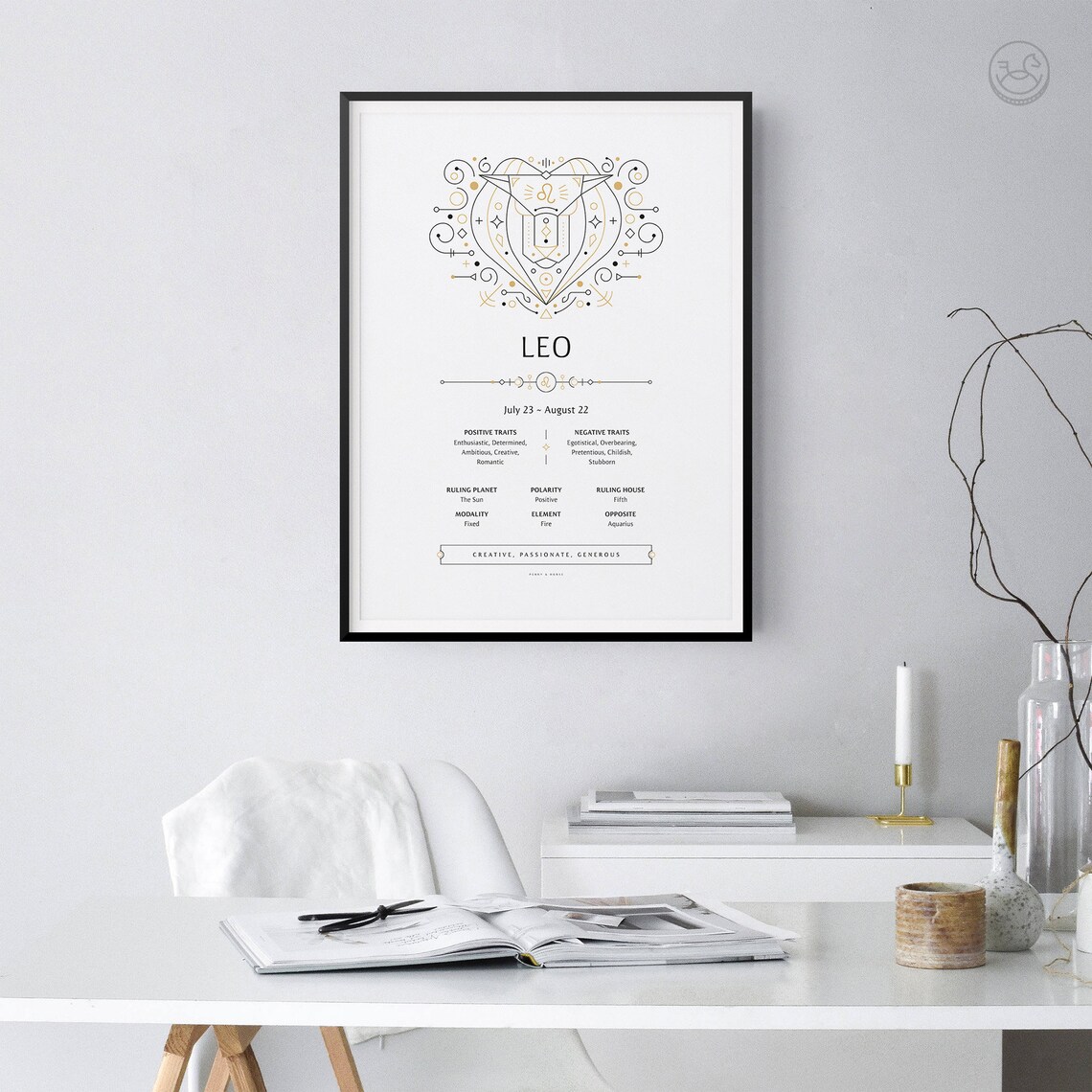 Leo Ornate Zodiac Poster Gold Art Nouveau Lion Astrology Wall Decor