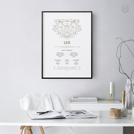 Leo Ornate Zodiac Poster Gold Art Nouveau Lion Astrology Wall Decor