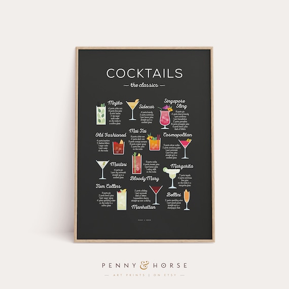 Classic Cocktails Recipe Chart Poster Twelve Recipes Black and Gold Art
