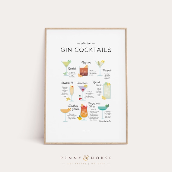 Classic Gin Cocktails Illustrated Recipe Chart Bar Decor Poster