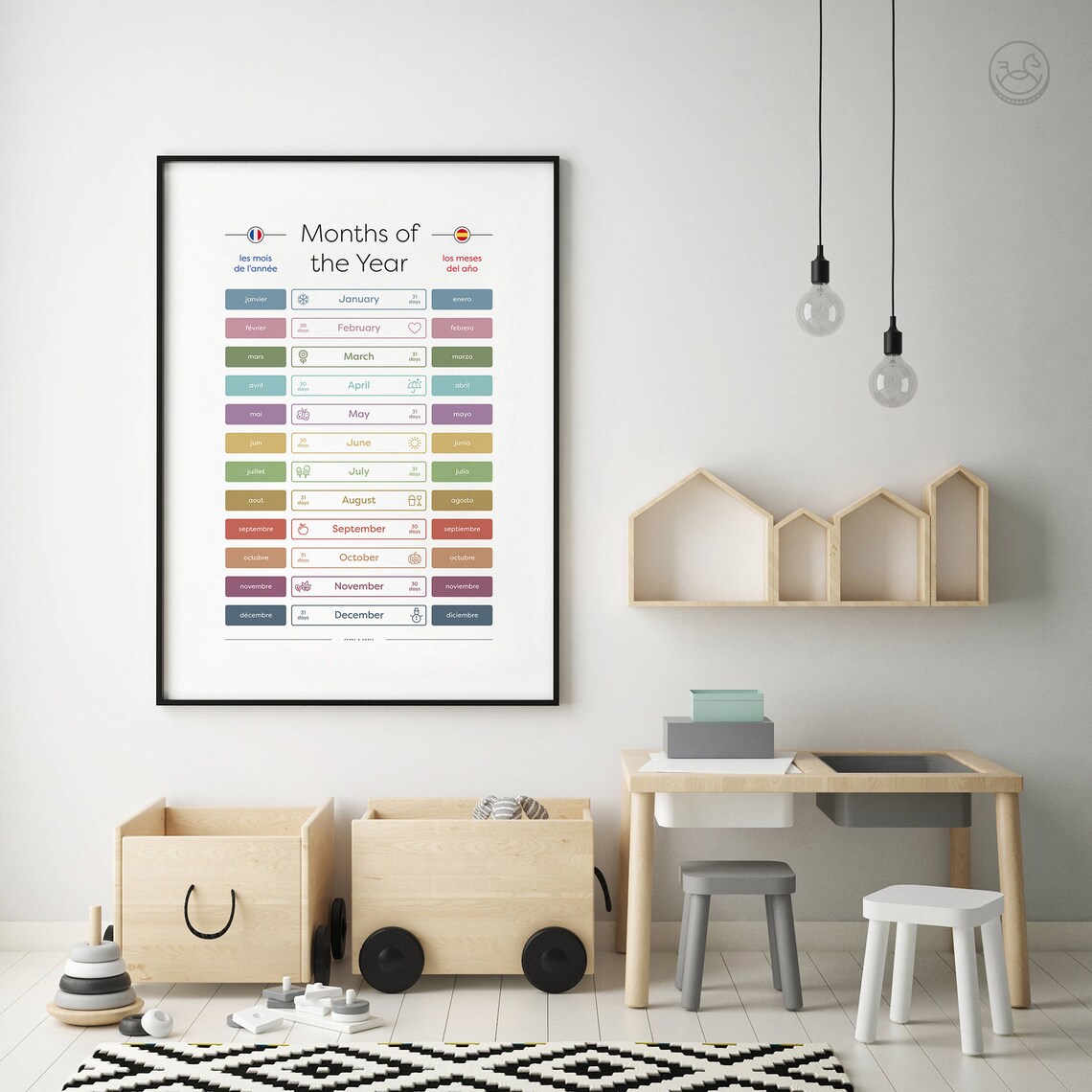 Months of the Year Trilingual English French Spanish Kids Chart Poster - Image 4