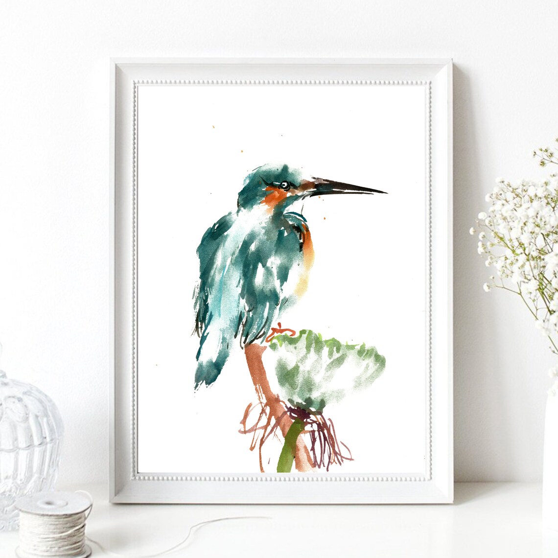 Kingfisher Bird Watercolor Painting Teal Blue Wildlife Wall Art - Image 3