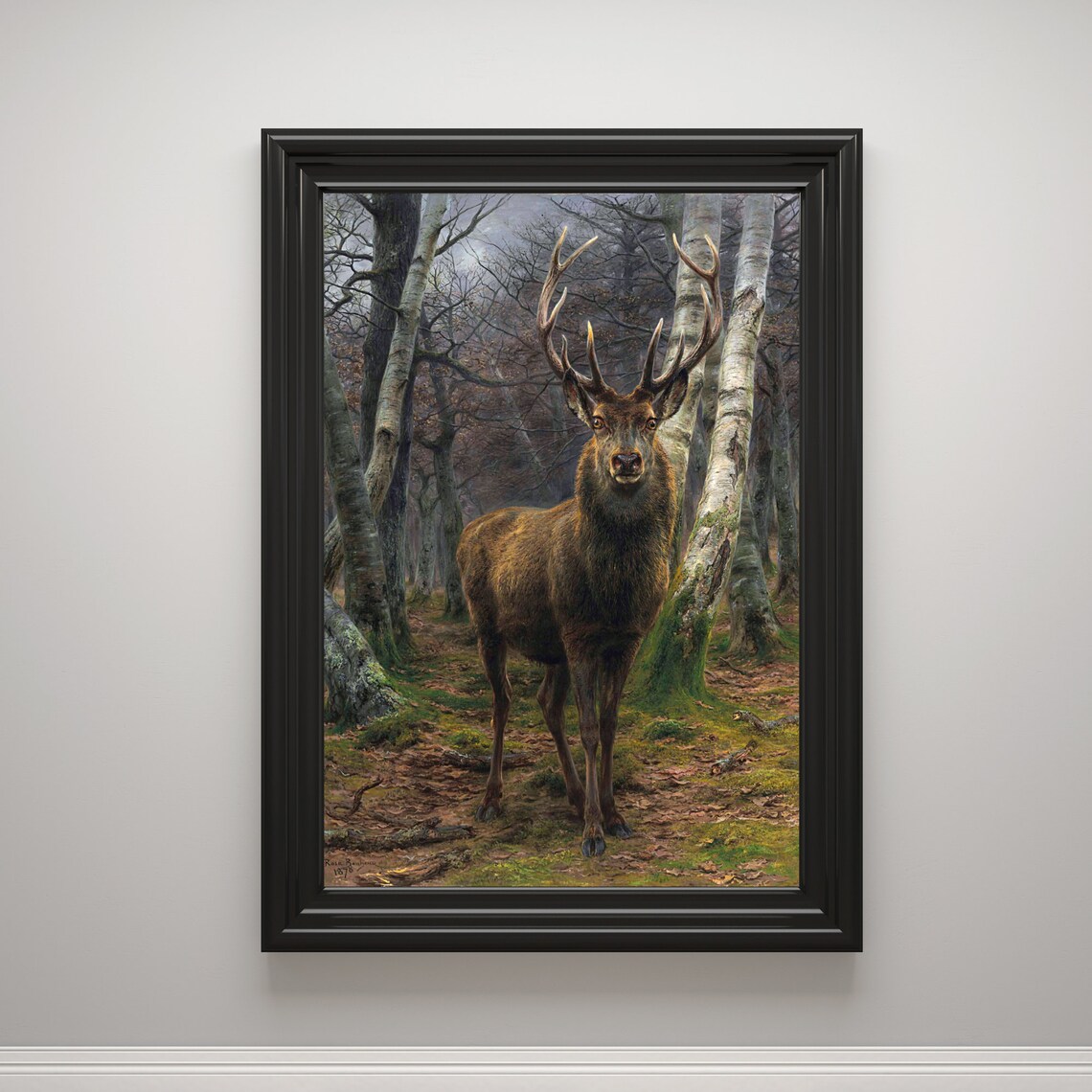 Majestic Red Deer Stag In Birch Forest Vintage Wildlife Oil Painting Poster - Image 3