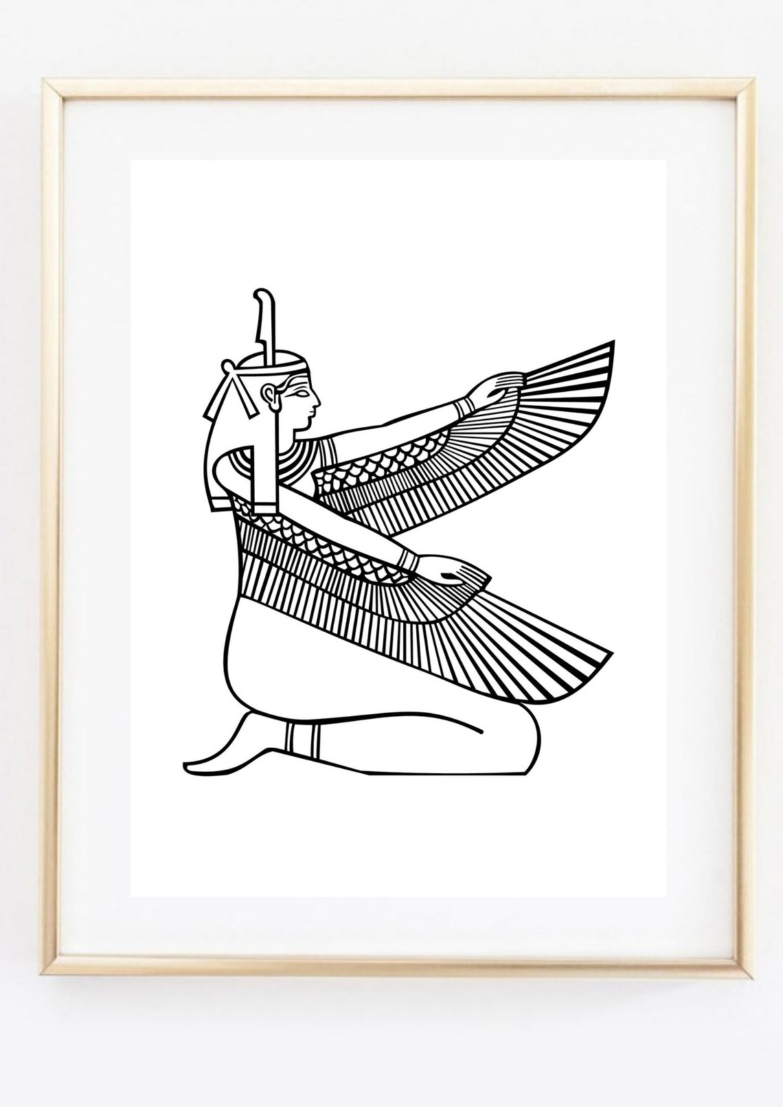 Winged Egyptian Goddess Isis Kneeling Hieroglyph Line Art Wall Print - Image 2