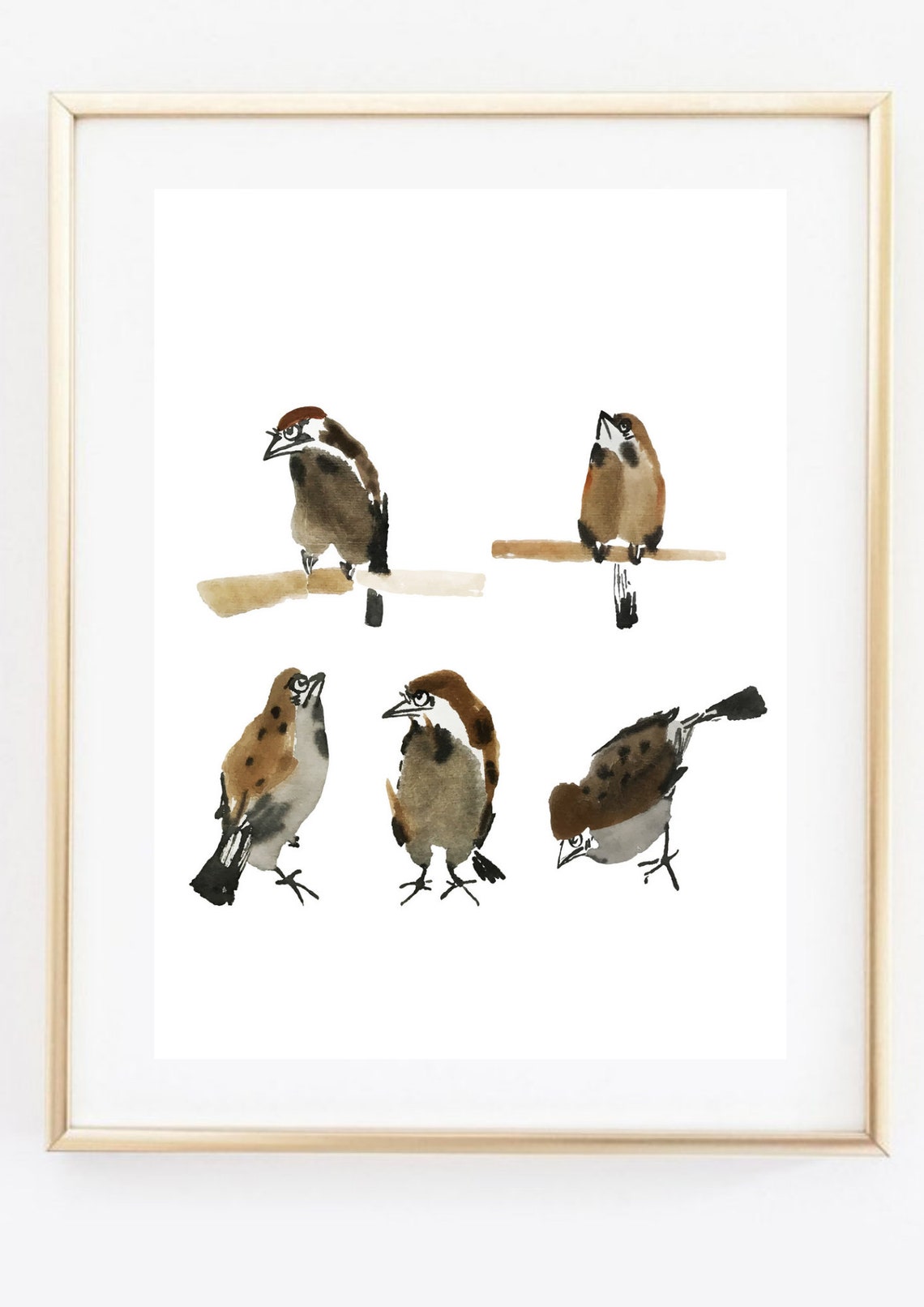 Five Sparrows Ink Wash Watercolor Small Birds Minimalist Art Print - Image 2