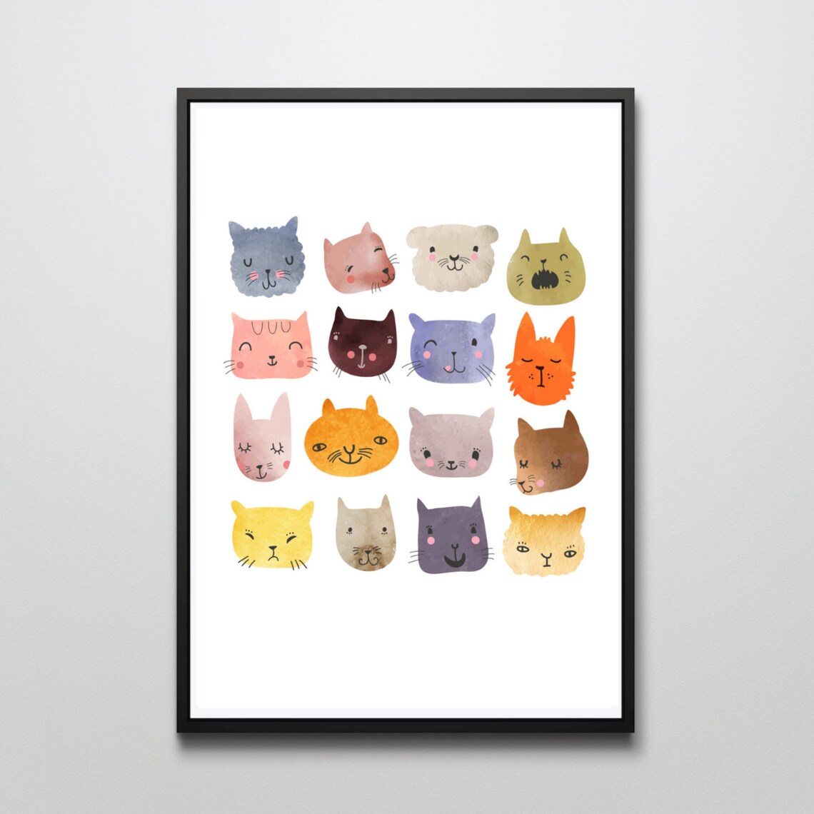 Sixteen Colorful Cute Cat Faces Watercolor Kids Nursery Wall Art Print - Image 2