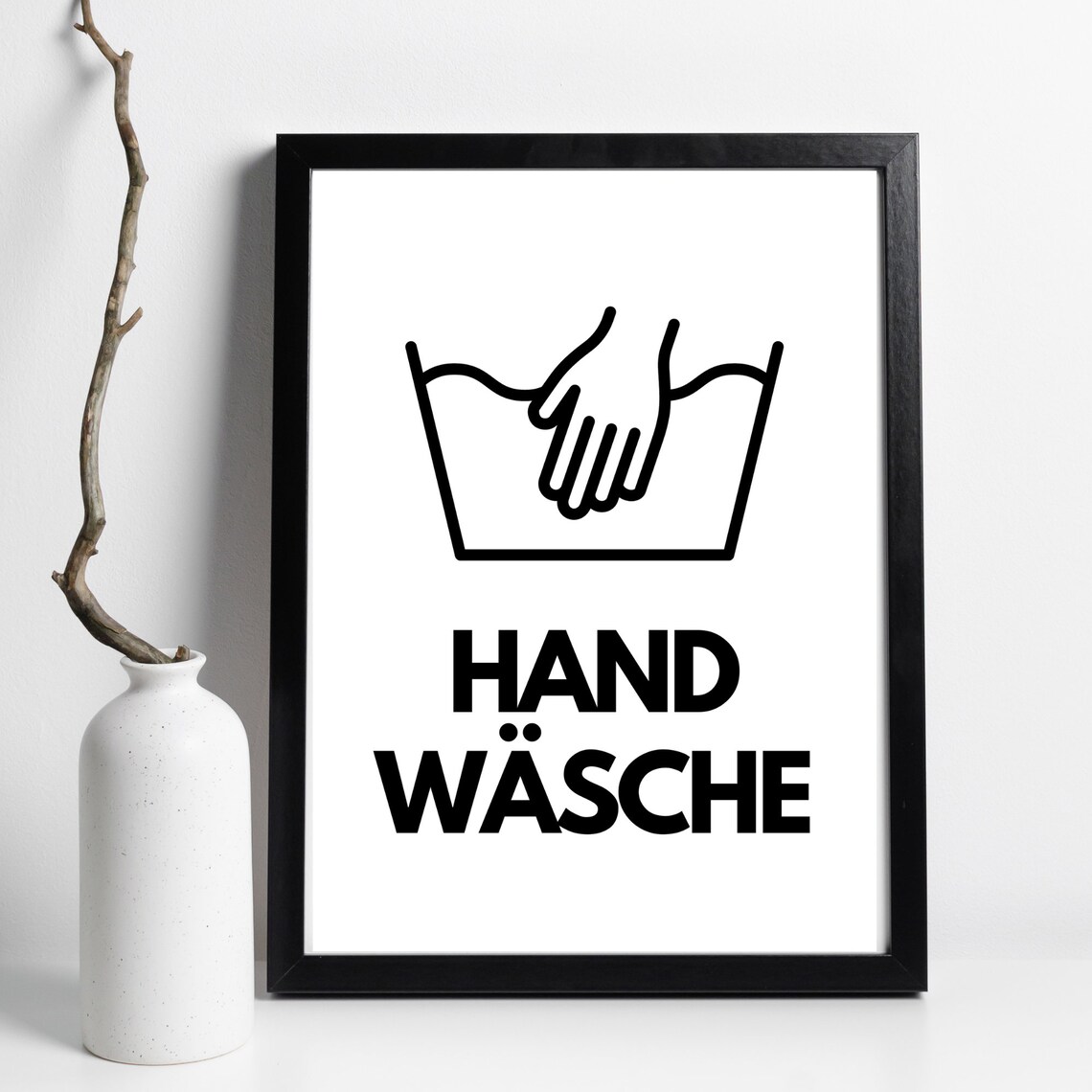 Hand Wash Laundry Care Symbol Black White Bathroom Sign Wall Art