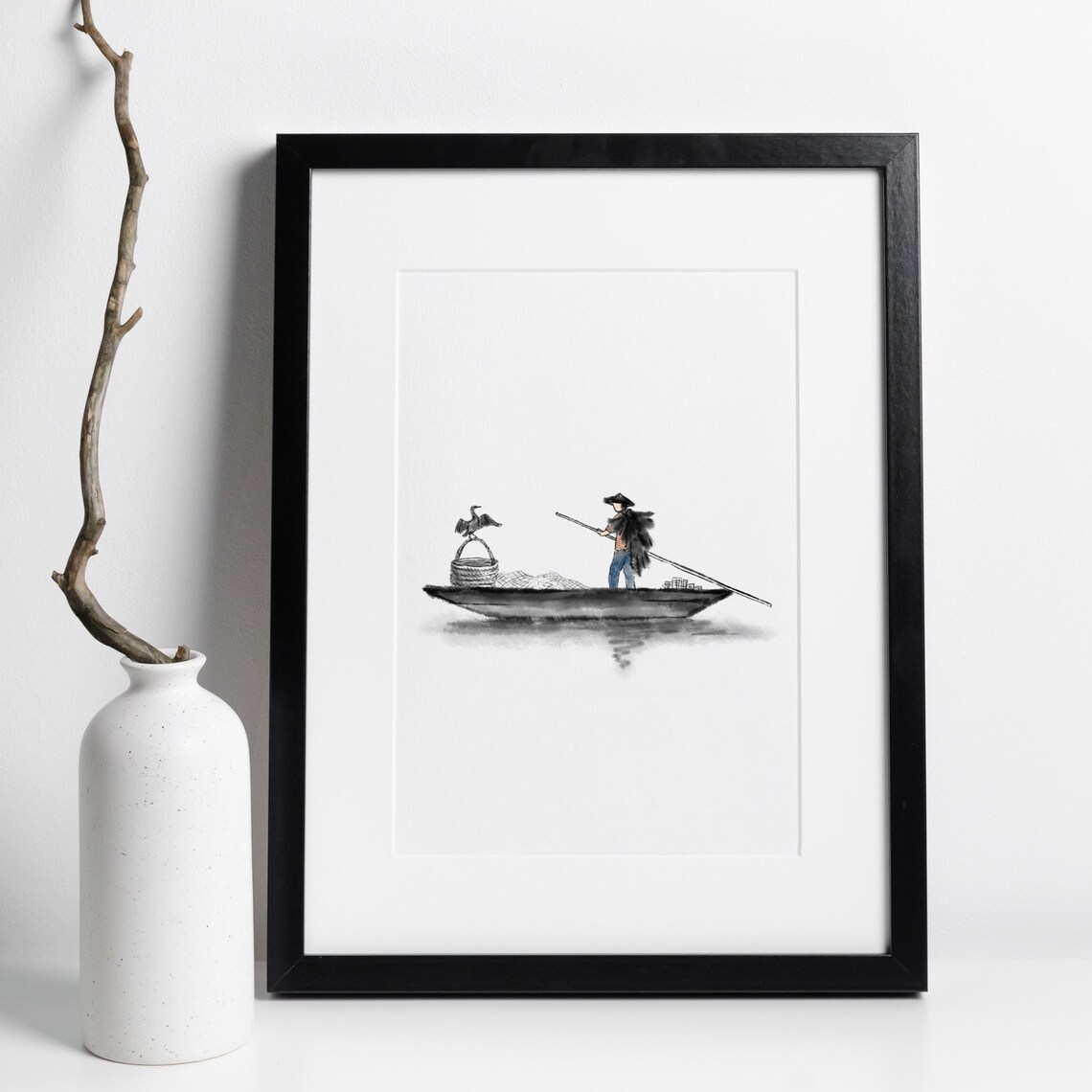 Cormorant Fisherman Ink Wash Asian Boat Scene Watercolor Poster - Image 3
