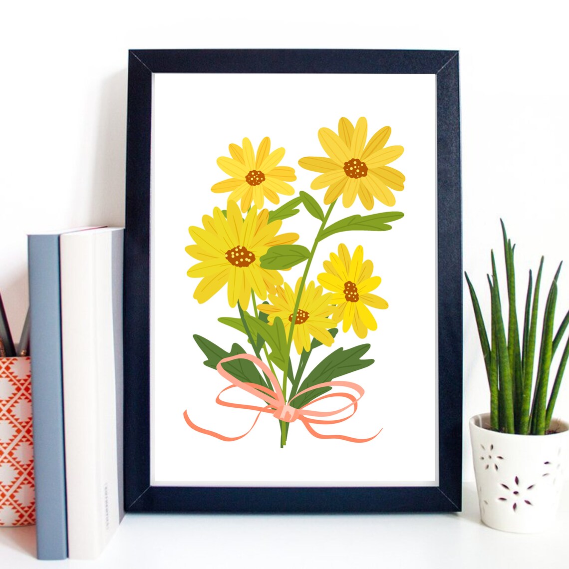 Yellow Daisy Bouquet Pink Ribbon Bow Floral Illustration Art Poster