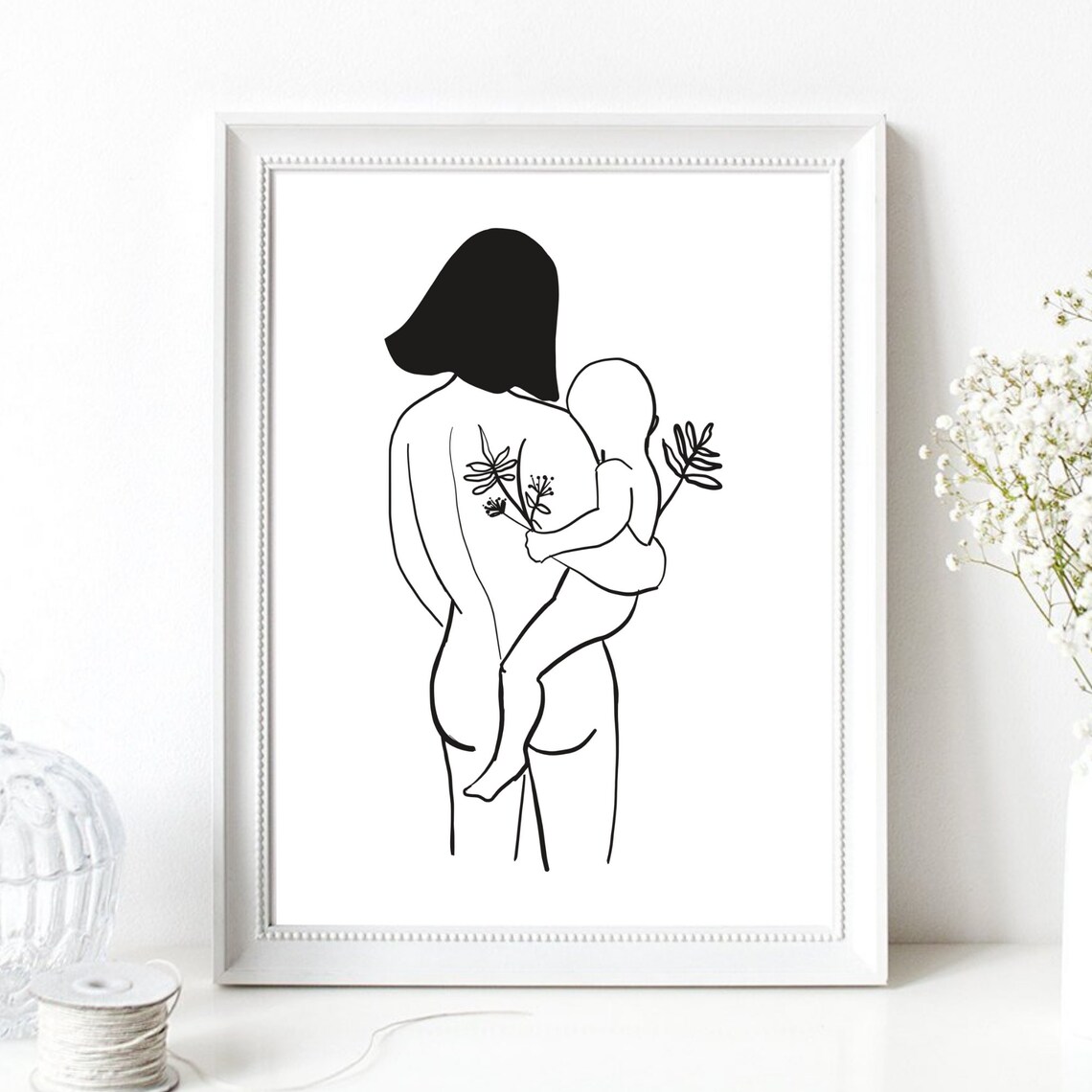 Mother Carrying Baby Minimalist Black Line Art Motherhood Wall Art