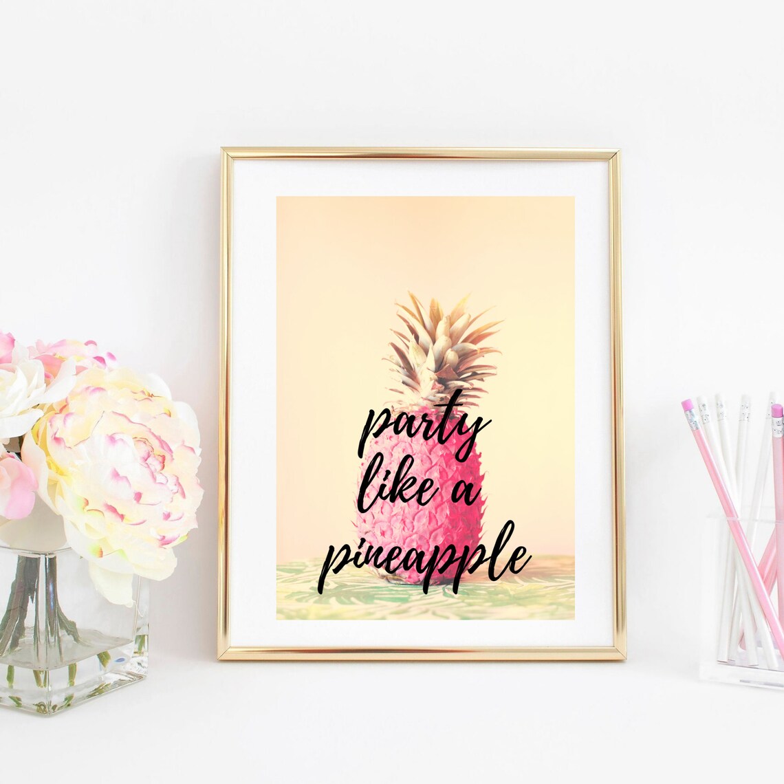 Party Like a Pineapple Pink Summer Tropical Quote Wall Art Print