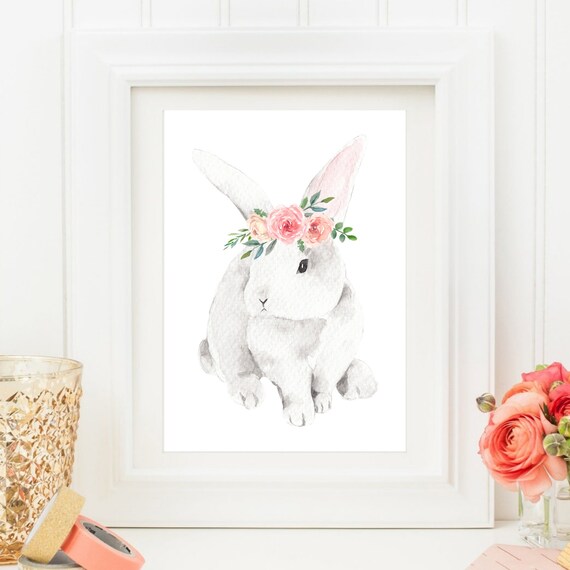 White Bunny Flower Crown Watercolor Rabbit Cute Nursery Animal Poster