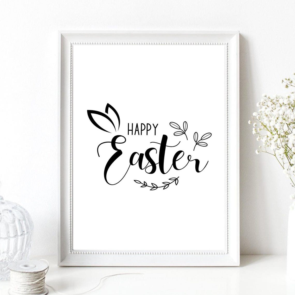 Happy Easter Calligraphy Bunny Ears Holiday Spring Typography Wall Art