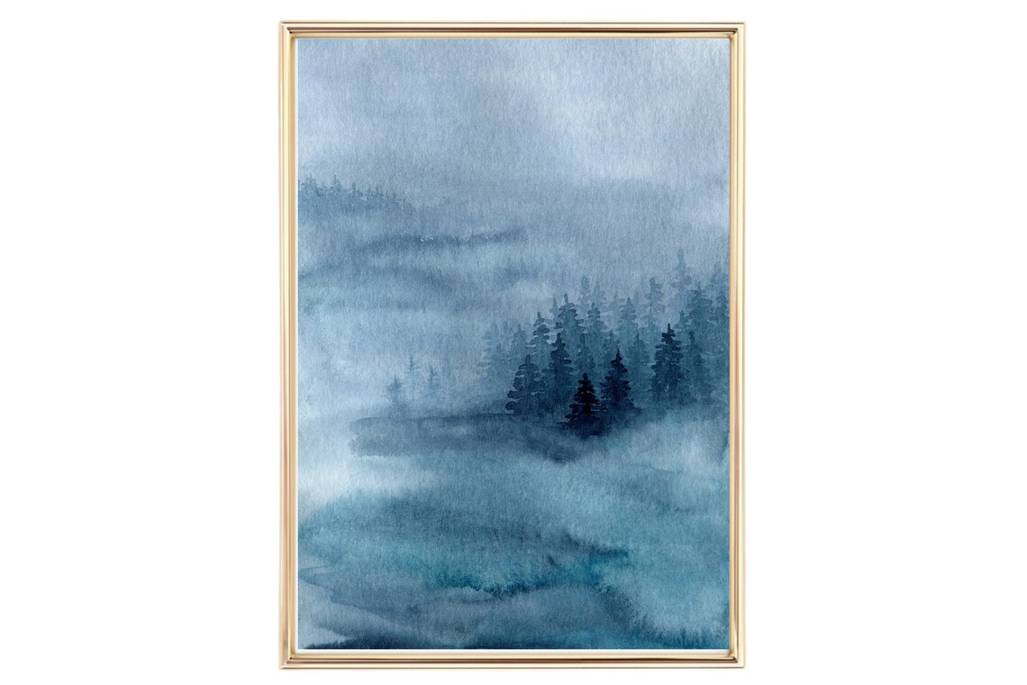 Misty Blue Pine Forest Fog Watercolor Nature Travel Poster Print - Image 3