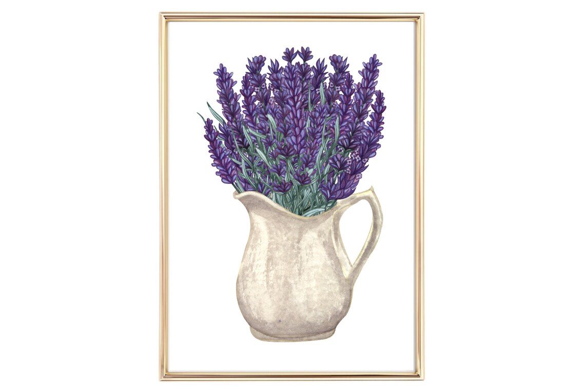 Purple Lavender Bouquet in Stoneware Jug Watercolor Wall Art Poster - Image 2