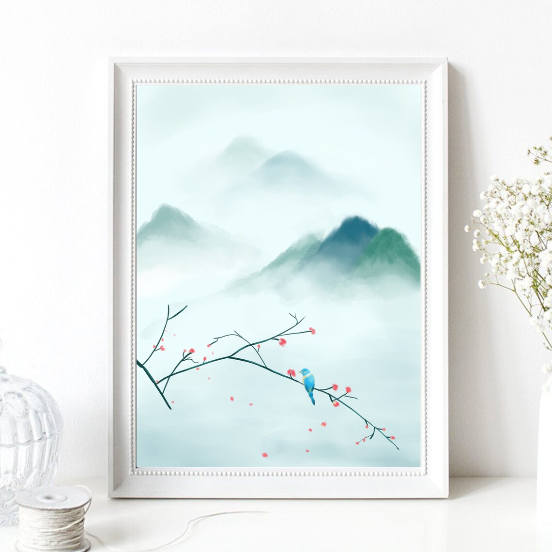 East Asian Misty Mountains Cherry Blossom Blue Bird Art Poster - Image 4