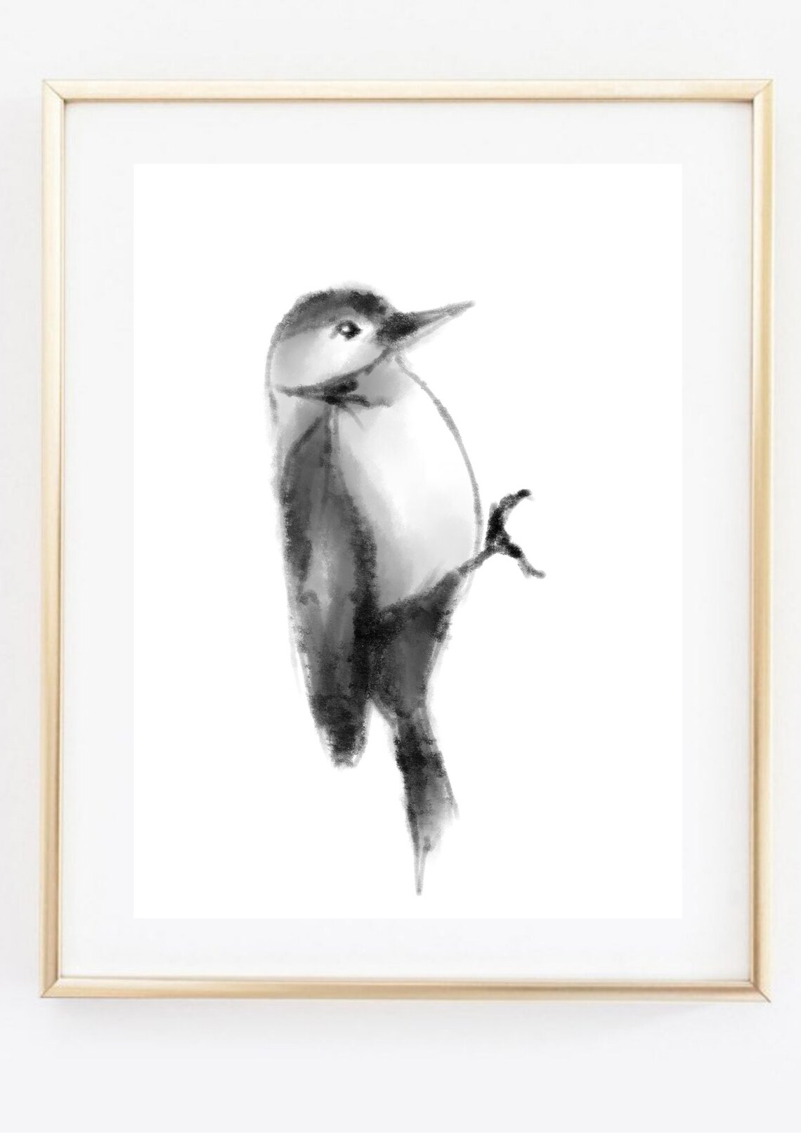 Woodpecker Black Ink Watercolor Perched Bird Minimalist Art Print - Image 2