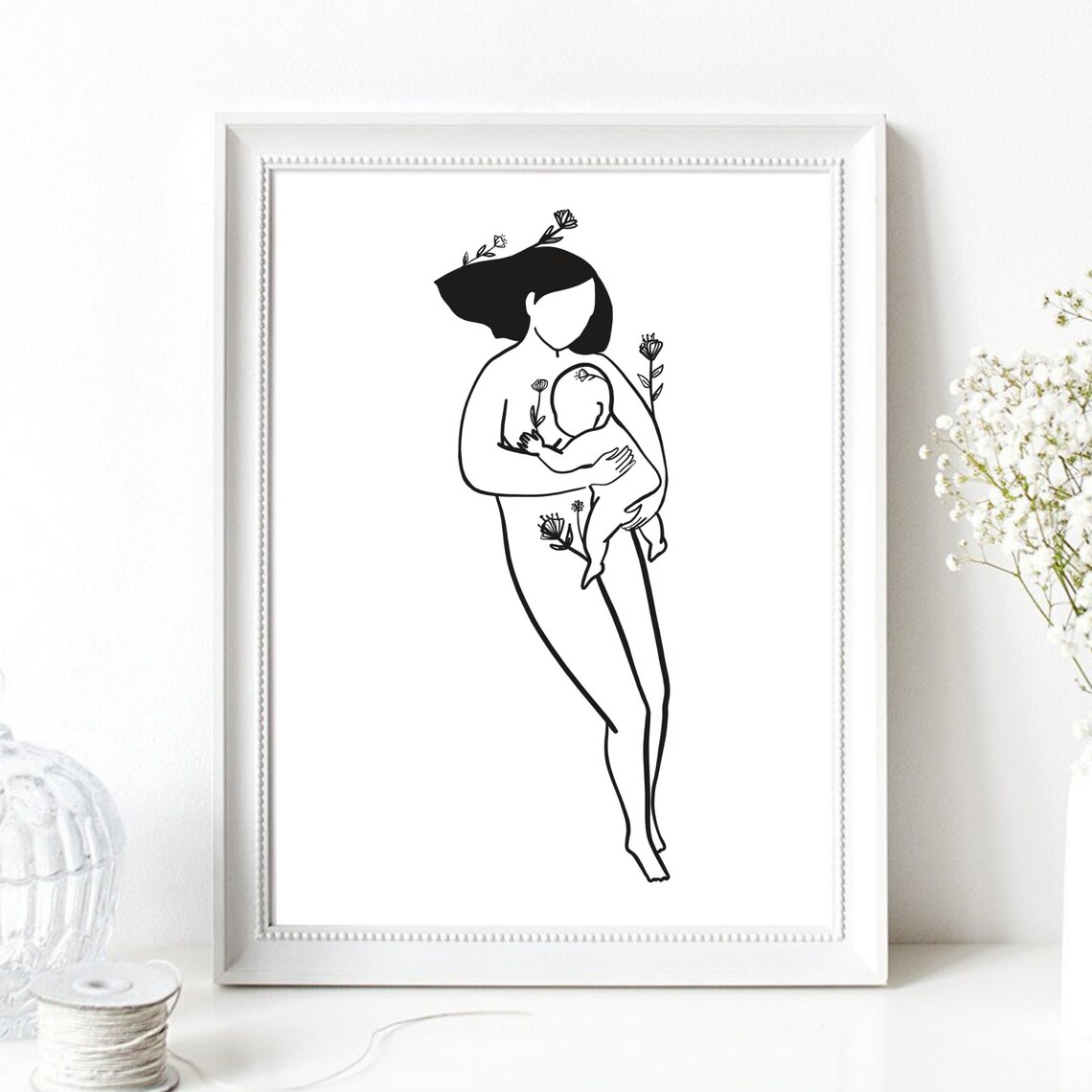 Mother Hugging Baby Floral Minimalist Line Art New Mom Gift Wall Art