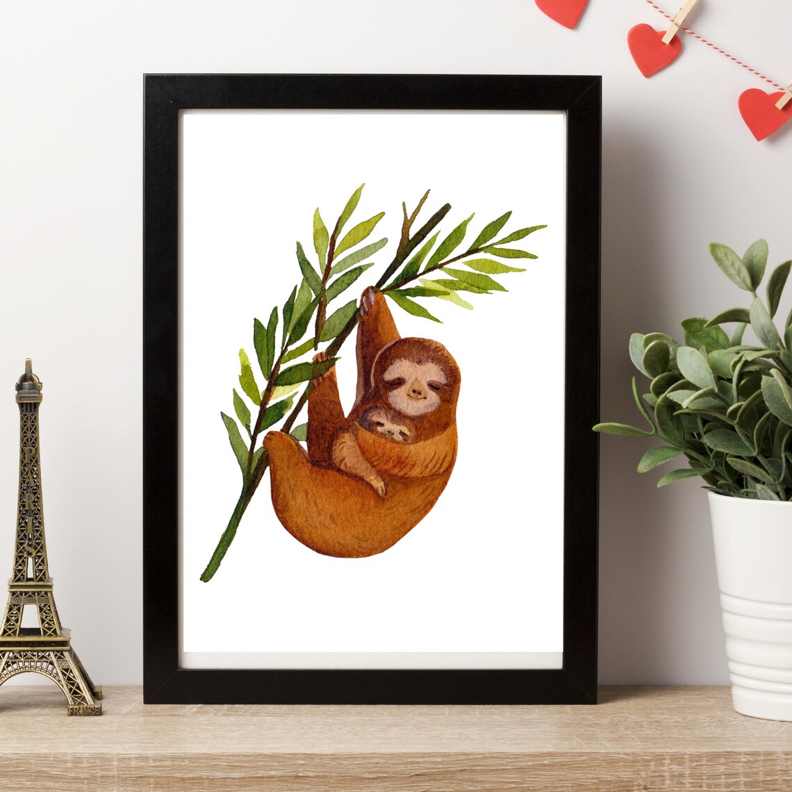 Sloth Mom and Baby Hanging from Green Branch Watercolor Animal Wall Art - Image 2