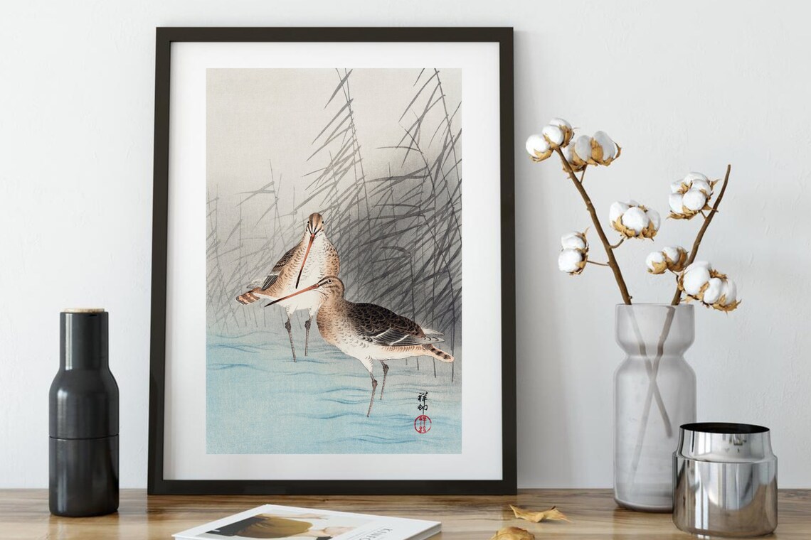 Two Snipes Marsh Reeds Japanese Woodblock Style Bird Art Print - Image 2