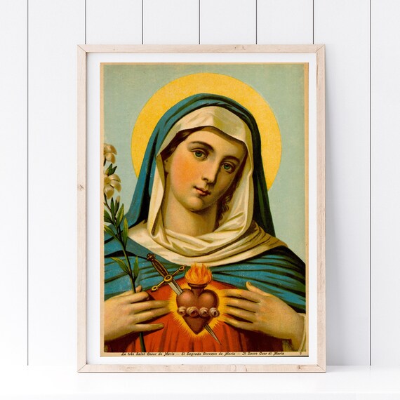 Sacred Heart Of Mary Vintage Catholic Icon Devotional Religious Print
