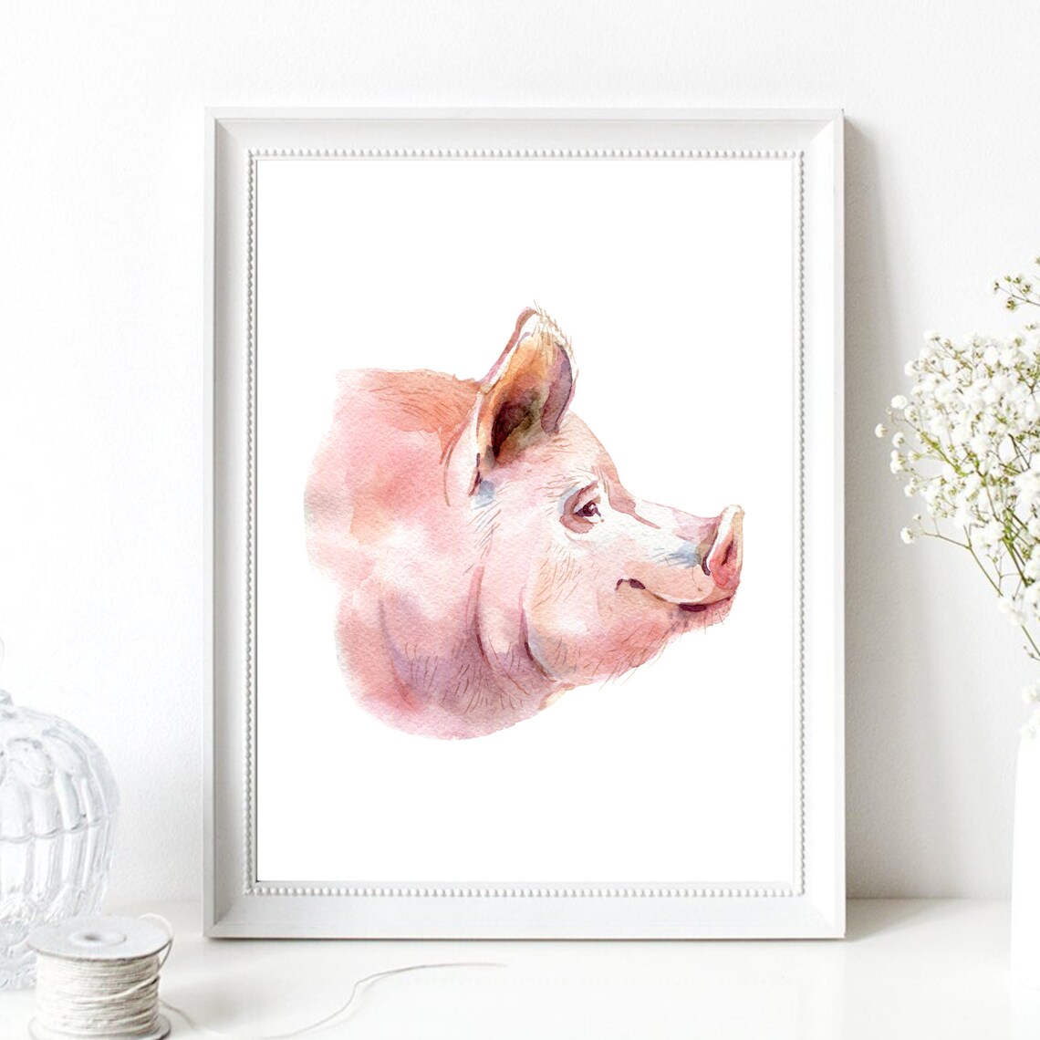 Pink Pig Head Profile Watercolor Farm Animal Portrait Art Print