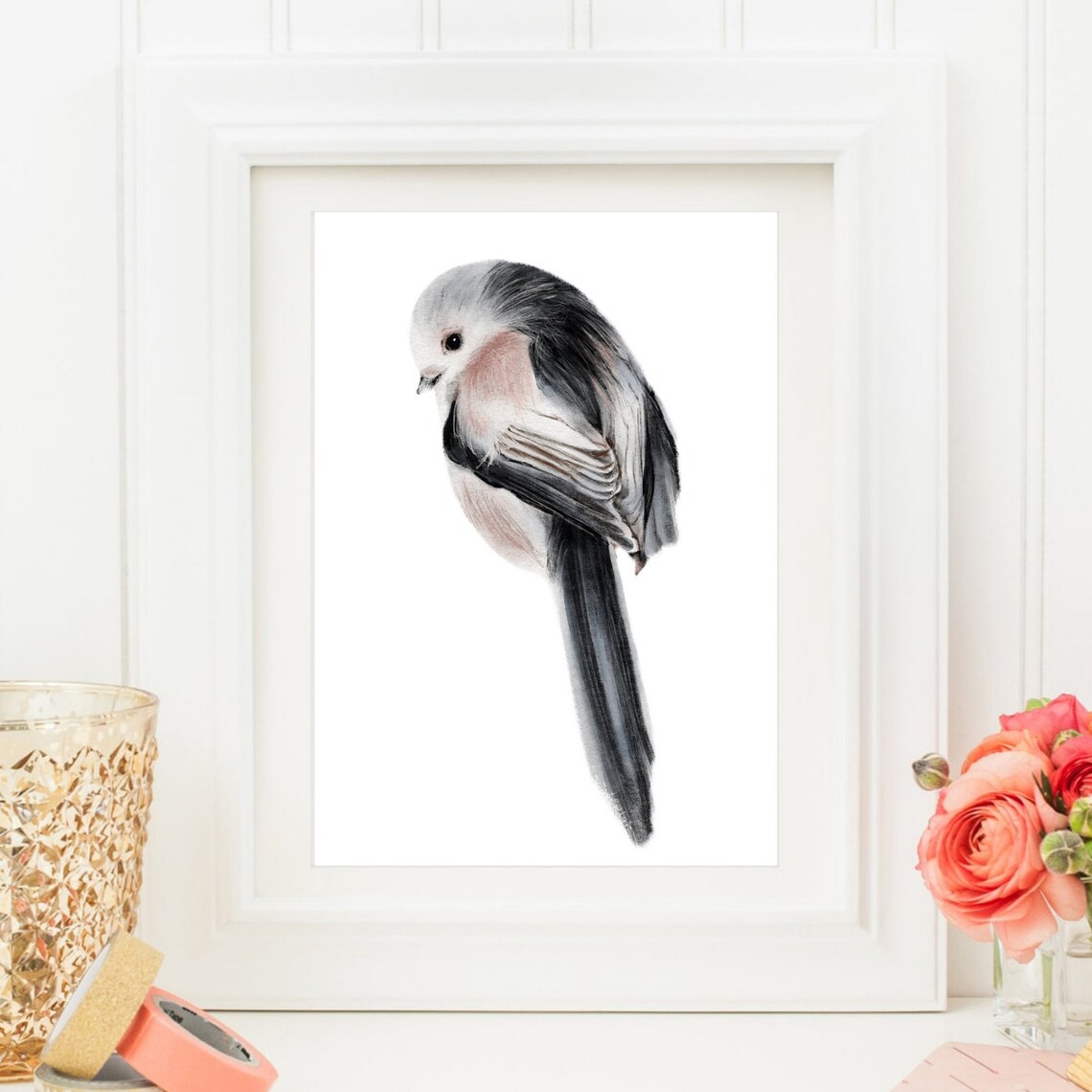 Long Tailed Tit Watercolor Perched Bird Cute Garden Wildlife Wall Art
