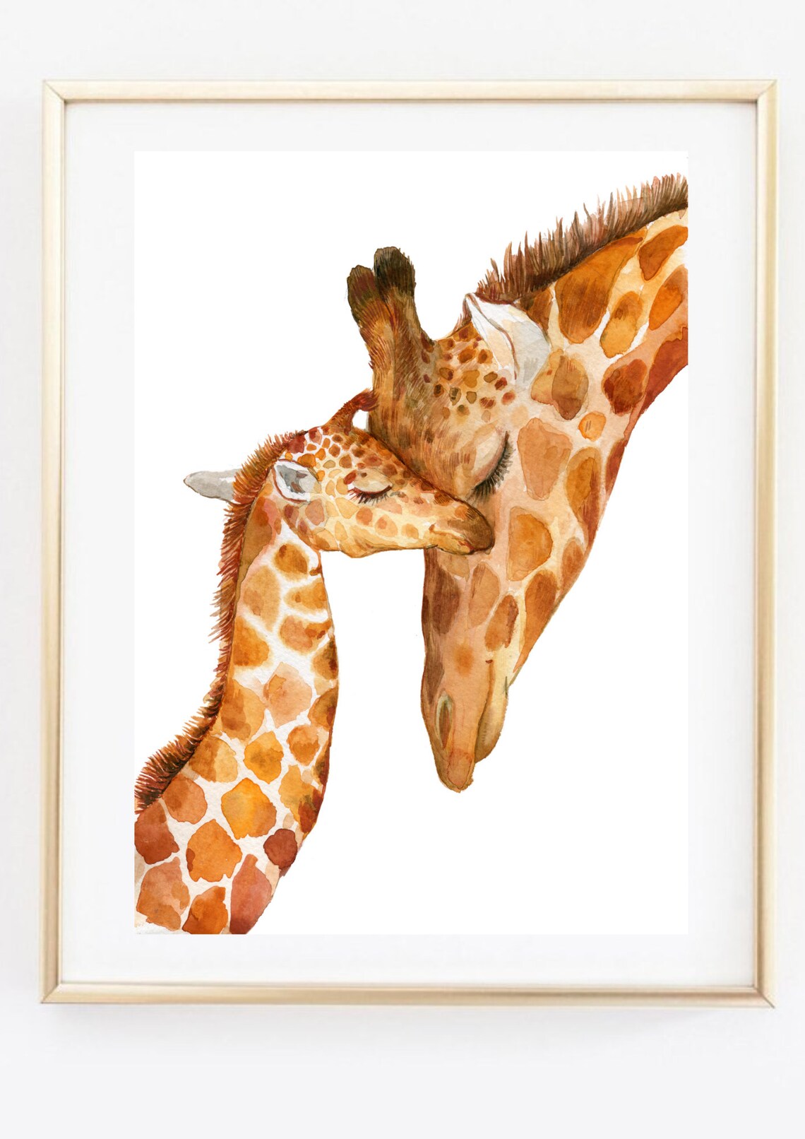 Giraffe Mother Baby Nuzzling Watercolor Tender Nursery Art Print - Image 3