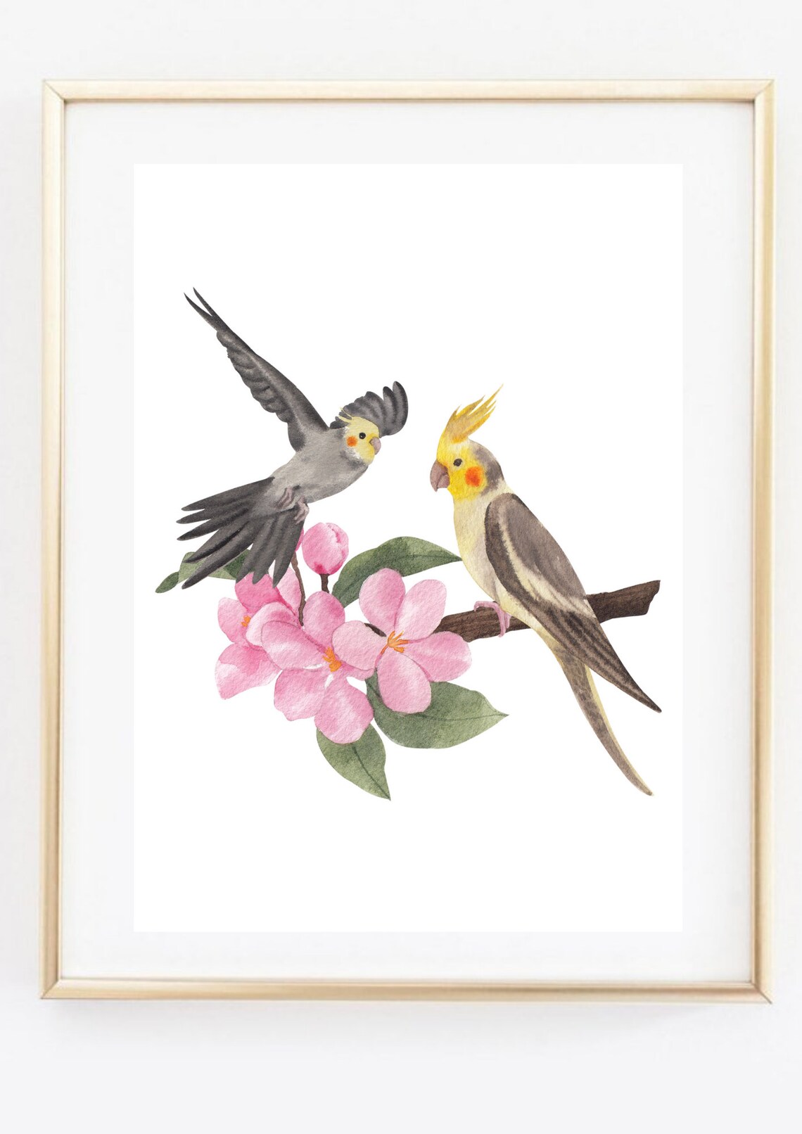 Two Cockatiels with Pink Blossoms Watercolor Parrot Bird Art Poster - Image 3