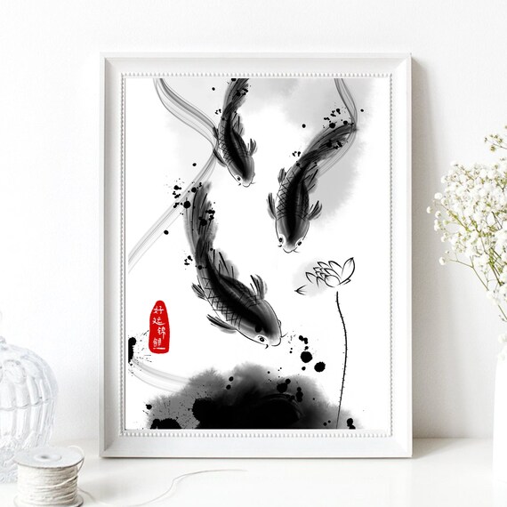 Din A4 Art Print Without Frame Koi Koi Goldfish Fish Fish Ink Painting Japan China Picture Poster Print
