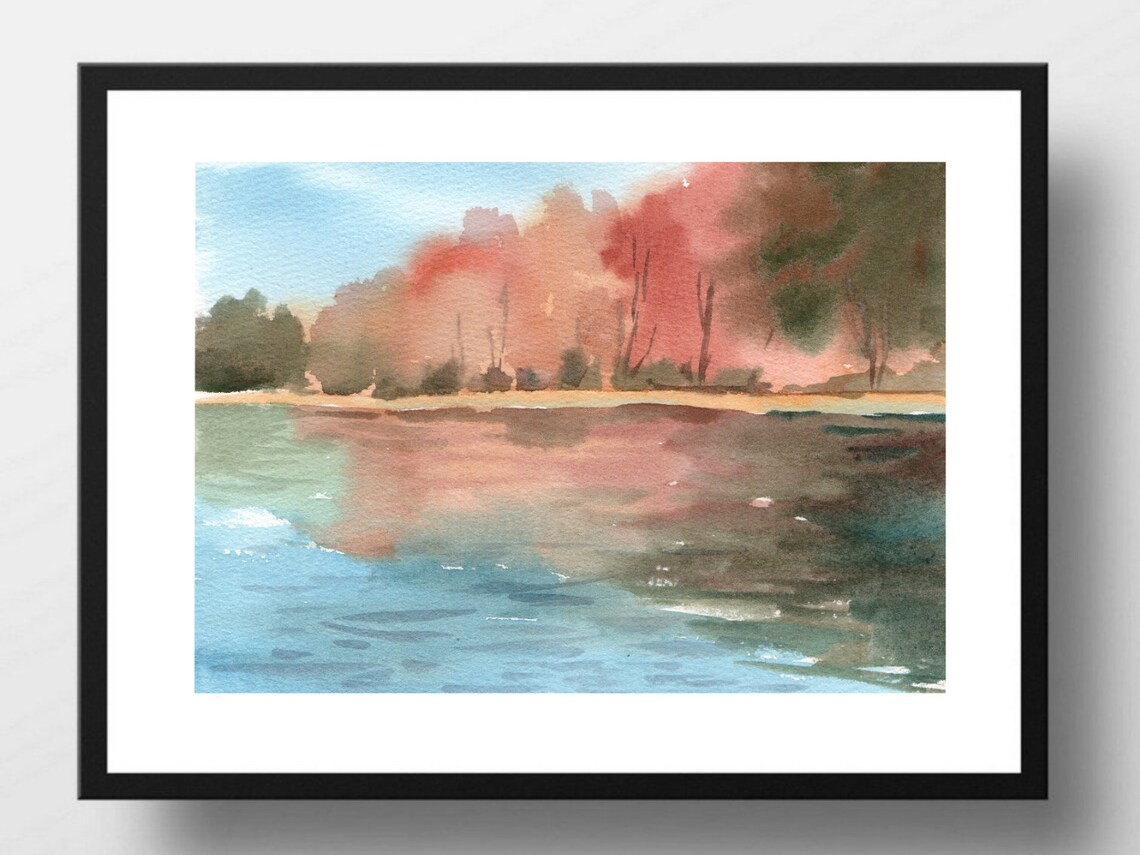 Watercolor Autumn Lake Red Forest Reflection Fall Landscape Art Poster