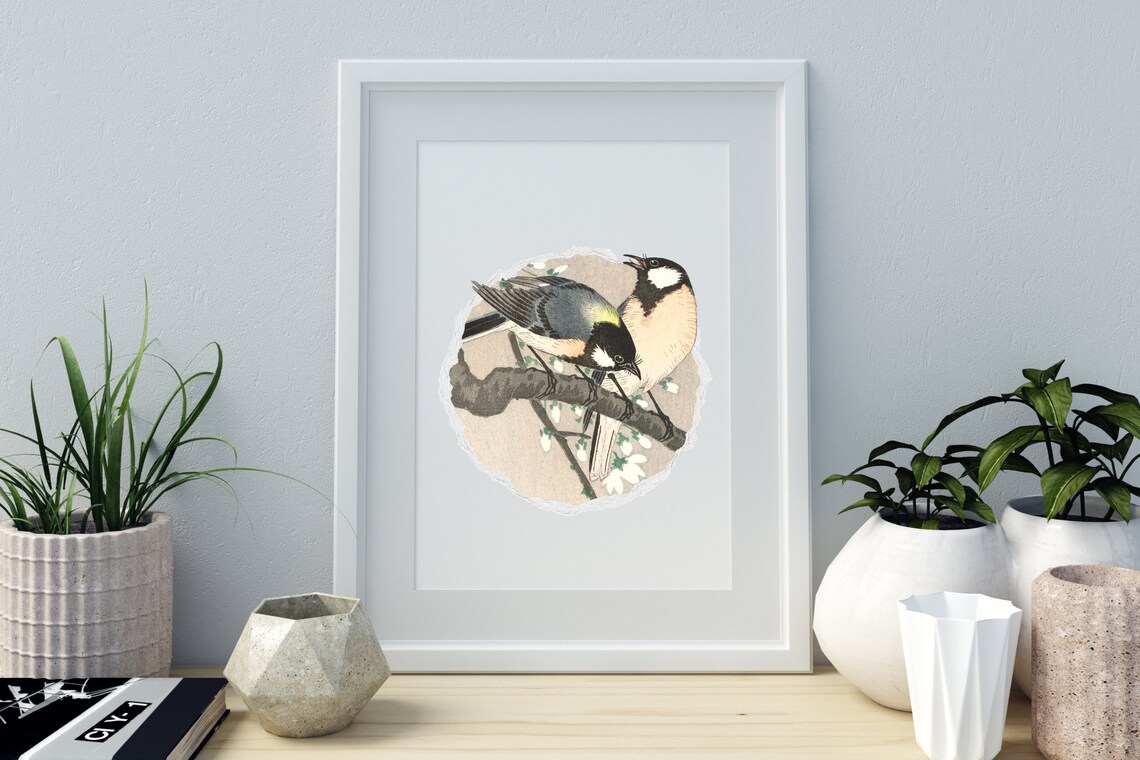 Two Tit Birds Blossom Branch Japanese Woodblock Style Circle Art Print - Image 2
