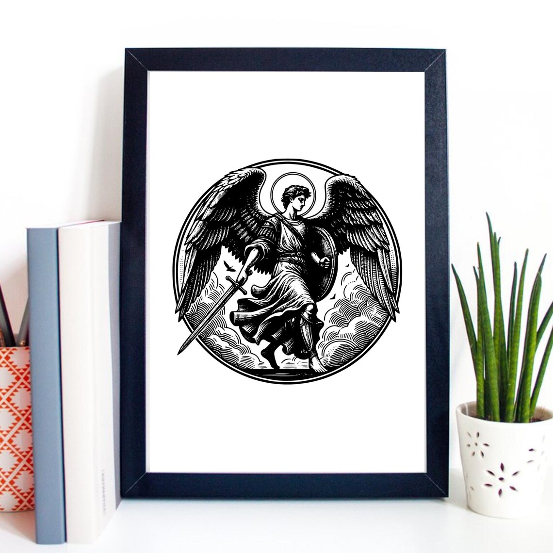 Archangel Michael Sword Shield Engraving Style Religious Angel Wall Print - Image 2