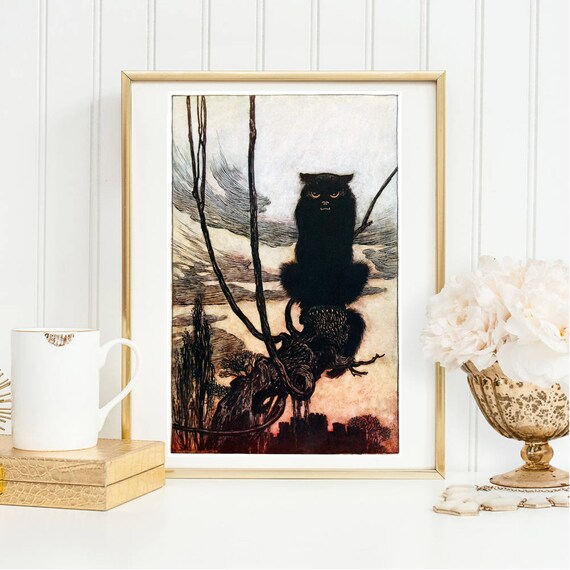 Arthur Rackham Angry Black Cat Vintage Illustration Wall Art Print