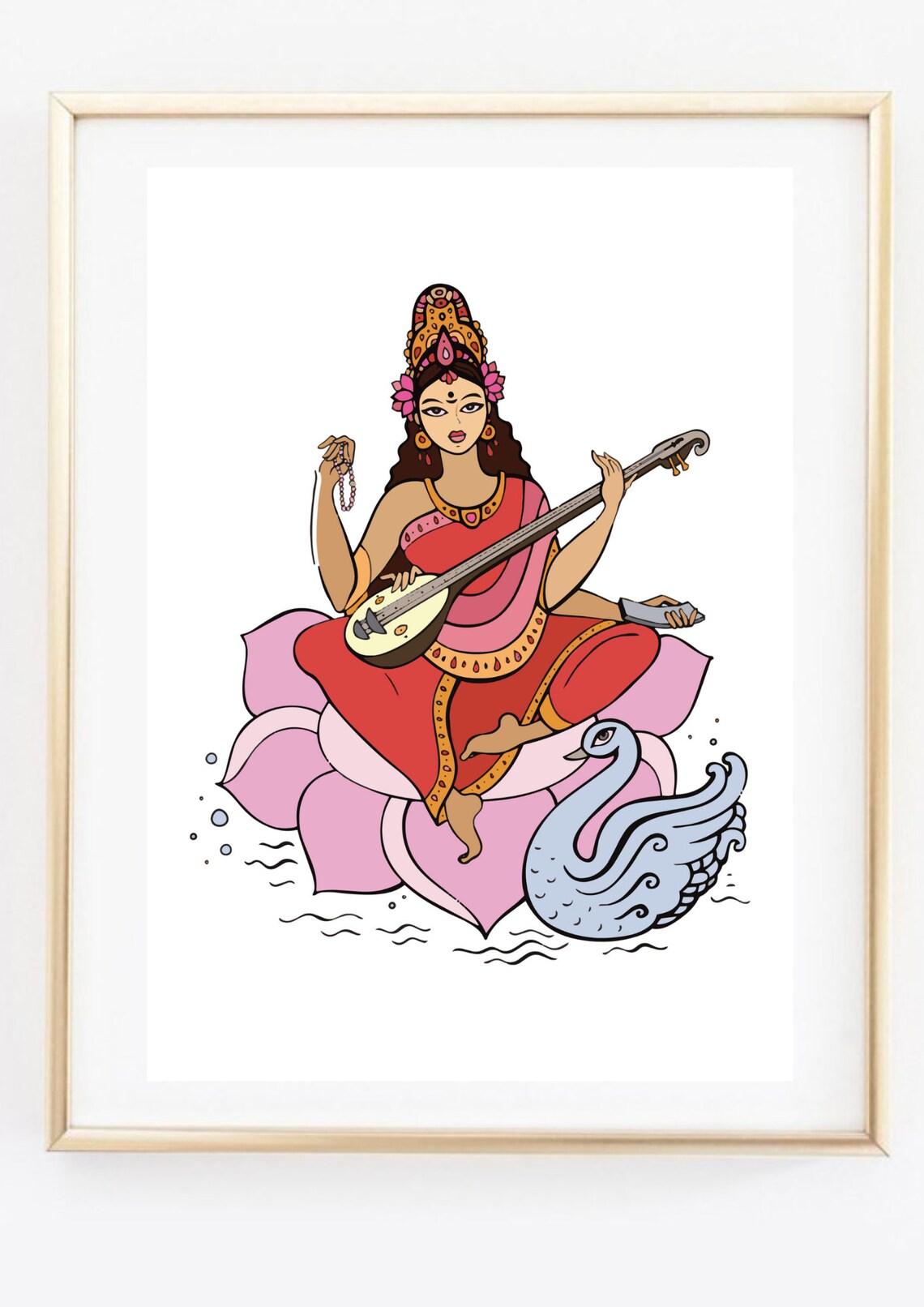 Goddess Saraswati Veena Lotus Swan Hindu Music Goddess Color Poster - Image 3