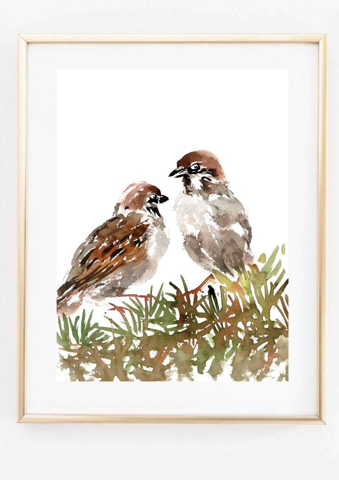 Two Sparrows Watercolor Painting Birds Grass Nature Bird Art Poster - Image 2