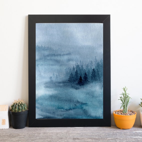 Din A4 Art Print Without Frame Landscape With Fir Forest At Night Forest Blue Forests Fir Watercolor Print Poster Image