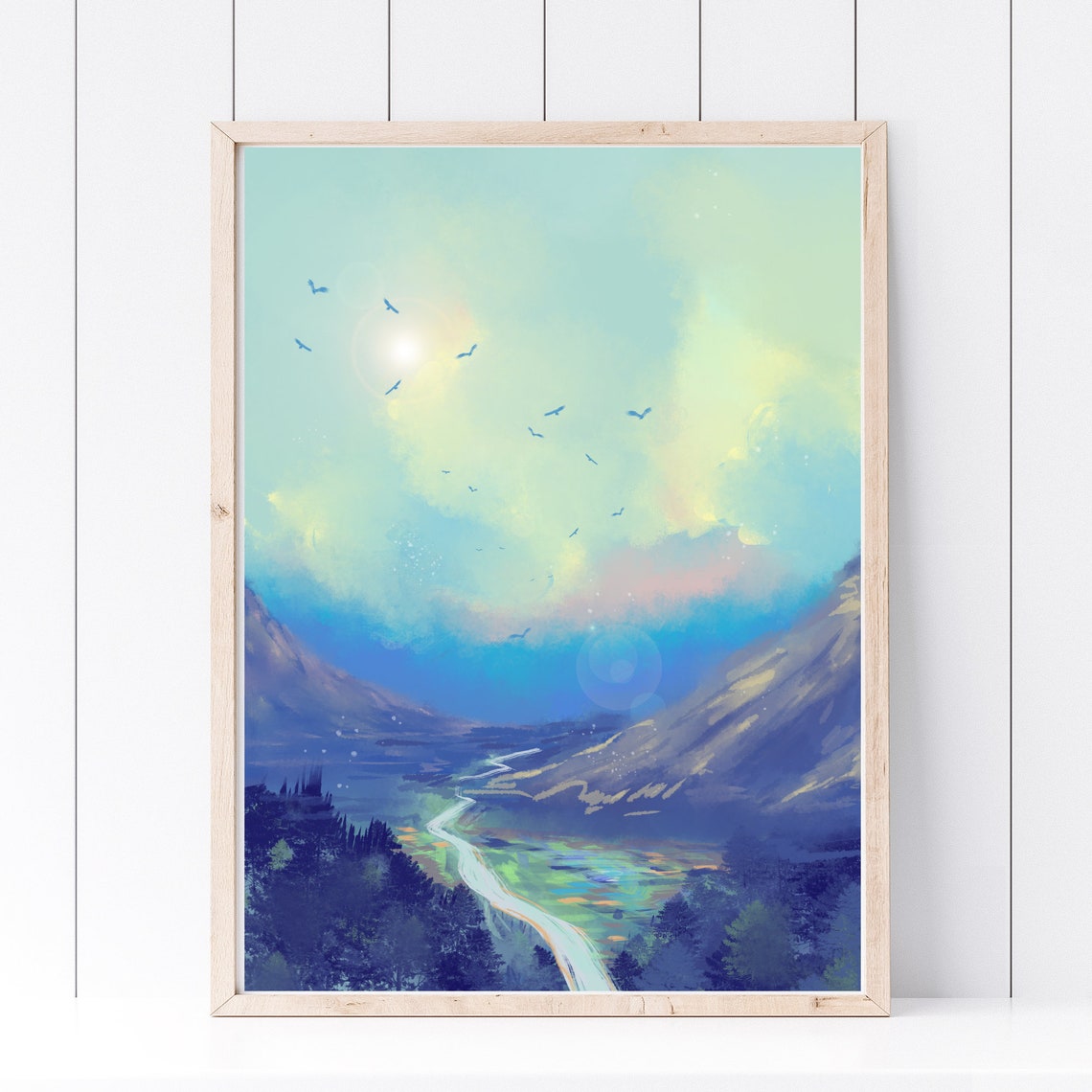 Dreamy Mountain Valley River Pastel Sky Birds Landscape Poster - Image 4