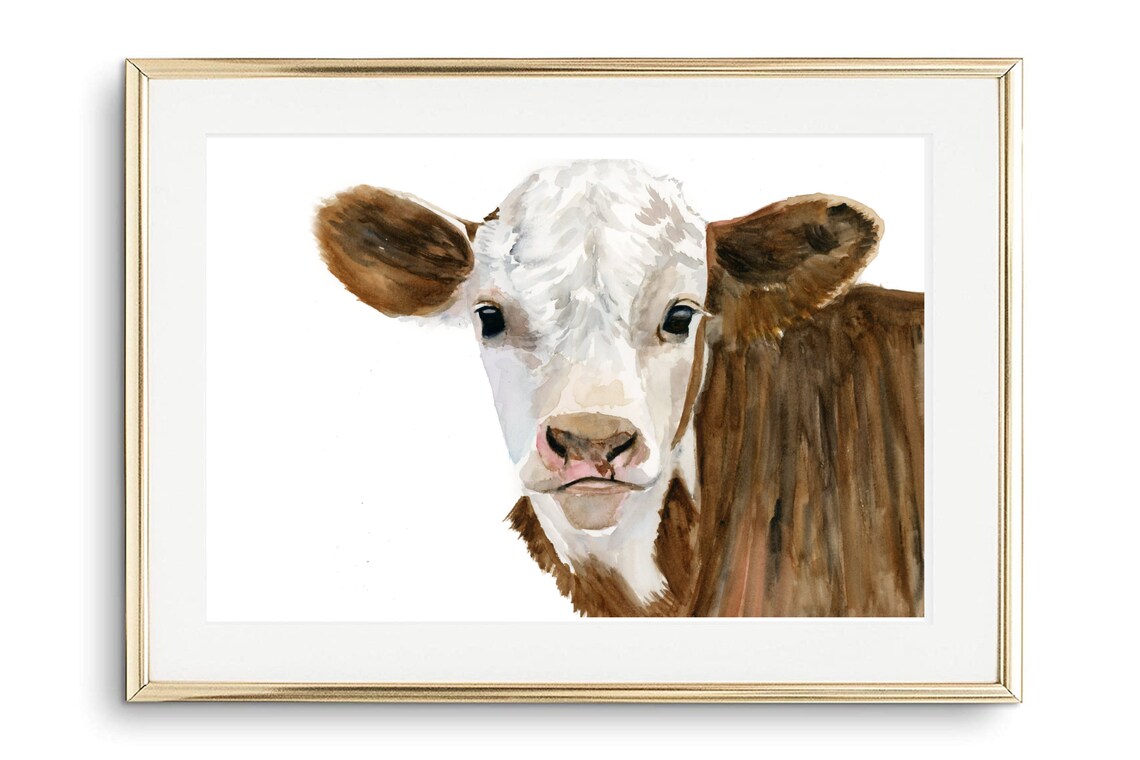Calf Portrait Watercolor Brown White Baby Cow Cute Farm Animal Poster - Image 3